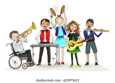 Group of kids playing different musical instruments during the class lesson. Trumpet, piano, flute, guitar. Educational concept 