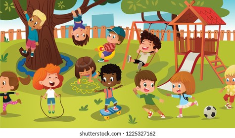 Group Of Kids Playing Game On A Public Park Or School Playground With With Swings, Slides, Skate, Ball, Crayons, Rope, Playing Catch-up Game. Happy Childhood. Modern Vector Illustration. Clipart.