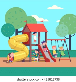 Group Of Kids Playing Game On A Town Public Park Playground With Swings, Slides, Tube And House. Happy Childhood. Modern Flat Style Vector Illustration Cartoon Clipart.