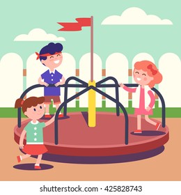 Group Of Kids Playing Game On Rotating Roundabout Carousel At The Playground. Childhood Happiness And Smiling Faces. Modern Flat Style Vector Illustration Cartoon Clipart.