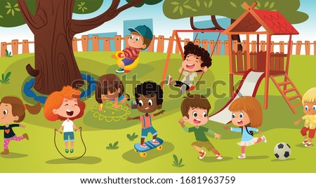 Group of kids playing game on a public park or school playground with with swings, slides, skate, ball, crayons, rope, playing catch-up game. Happy childhood. Modern illustration. Clipart