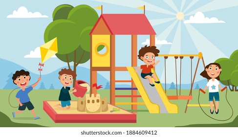 Gruppe von Kindern, die im öffentlichen Park oder auf dem Schulspielplatz spielen. Fröhliche Kindheit. Flacher Cartoon, Vektorgrafik.