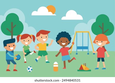 Group of Kids Playing Game in Public Park or School  Children Vector Illustration, Cartoon, Clip art, and Line Art Design