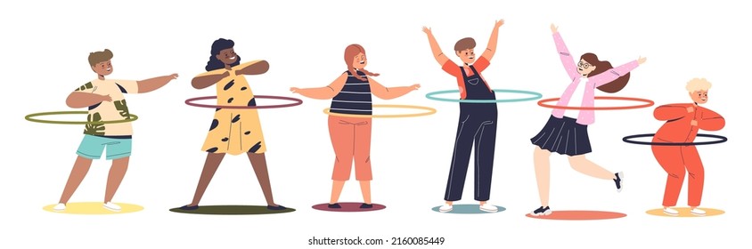 Group of kids playing with hula hoop. Funny children spinning and rolling ring on waist happy smiling. Child enjoy joyful recreation activity concept. Cartoon flat vector illustration