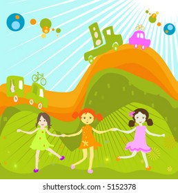 Group of kids playing in a landscape with a cars caravan