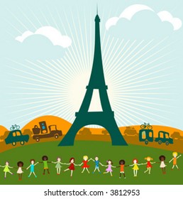 Group of kids playing in a landscape with tower