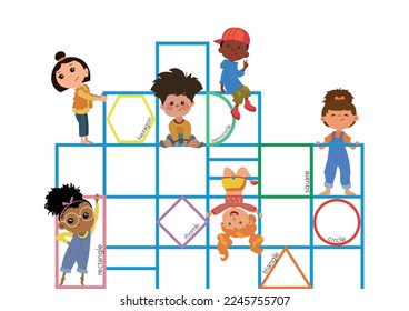 Group of Kids Playing with the Monkey Bar. Learnig geometric shapes and colors.