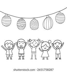 Group of kids playing with paper lanterns during village festival, scene in line art, vector doodle sketch