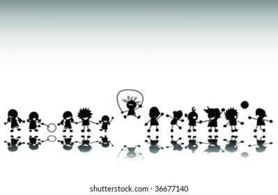 Group Of Kids Playing, Vector Silhouette
