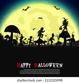 A group of kids are running happily on Halloween night.Halloween background from vector