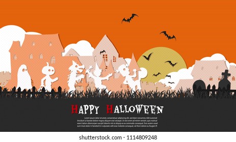 A Group Of Kids Are Running Happily On Halloween Night.Halloween Background From Vector