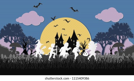 A Group Of Kids Are Running Happily On Halloween Night.Halloween Background From Vector