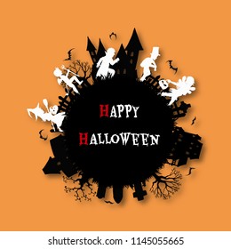 A group of kids are running happily on Halloween night