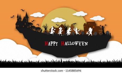 A group of kids are running happily on Halloween night.Halloween background from vector