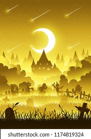 A group of kids are running happily on Halloween night.Paper cut light and shadow box.Halloween silhouette paper sculptures lamp.