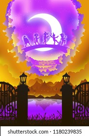 A group of kids are running happily on Halloween night.Paper cut light and shadow box.Halloween silhouette paper sculptures lamp.