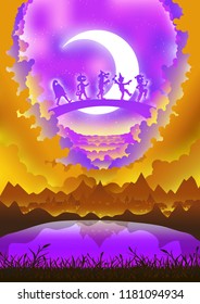 A group of kids are running happily on Halloween night.Paper cut light and shadow box.Halloween silhouette paper sculptures lamp.