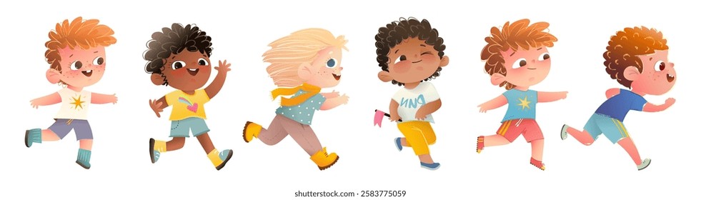 Group of kids running and playing happily together in cartoon illustration. Childhood fun friendship and activity. Colorful cartoon for children play and entertainment. Vector kids character design.