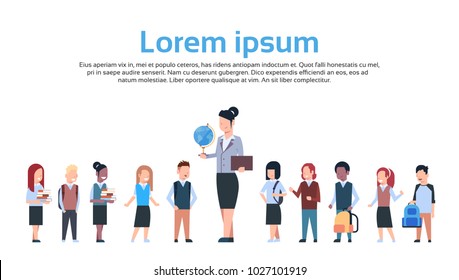 Group Of Kids School Children With Female Teacher On White Background With Copy Space Diverse Pupils Flat Vector Illustration