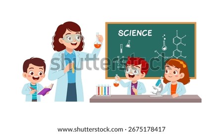 Group of kids in science class looking at test tubes and microscope on the table illustration
