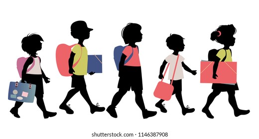 Group of kids silhouettes with backpacks, briefcases, folders and books, going to school on white background.