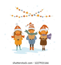 group of kids singing christmas songs carols isolated vector illustration scene