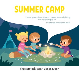 Group of kids sitting by fireplace in summer camp.