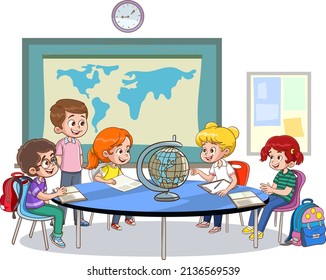 Gruppe von Kindern, die am Schreibtisch sitzen und zusammen Geografiestunde studieren.Cartoon, Vektorgrafik.