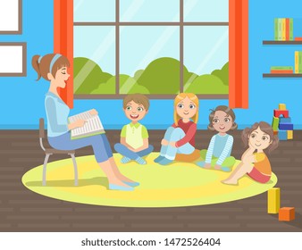 Group of Kids Sitting on Floor,Teacher Sitting on Chair and Reading Book to Them Vector Illustration