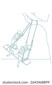 Group of kids sitting in wooden swing