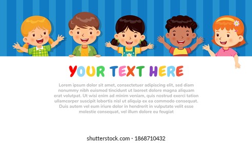 Group of kids smiling on color background. Show poster with sample of your text. Vector illustration.