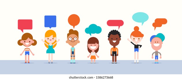 Group of kids with speech bubble character in flat design style isolated. Diversity children cartoon with communication concept vector illustration.