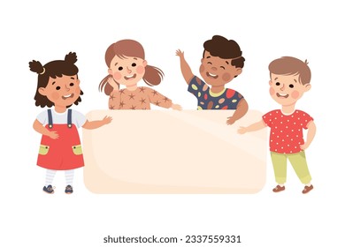 Group of kids standing with blank banner together. Little boys and girls holding empty white board or placard vector illustration