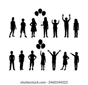 Group of kids standing in row black silhouette set.	