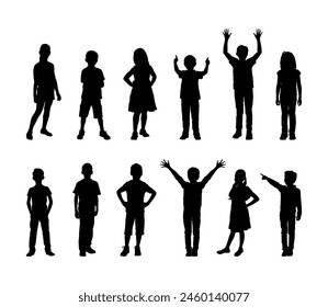 Group of kids standing in row with different poses black silhouette set.	