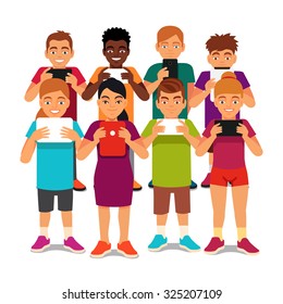 Group of kids standing together but apart looking into their phones and tablets. Children media addiction concept. Flat style vector illustration isolated on white background.