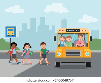 Group kids students boys and girls go to school entering school bus