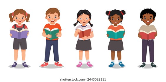 Group of kids students reading holding books standing together