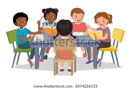 Group of kids students studying discussing lesson doing homework together