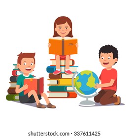 Group of kids studying and learning together. Boys and girl reading books and doing homework. Flat style vector illustration isolated on white background.