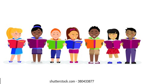 Group of kids studying and learning together. Boys and girl reading books. Various nationalities students. Back to school