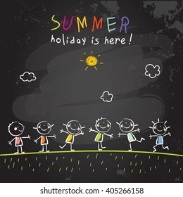 Group Of Kids In Summer Vacation, School Holiday Vector Illustration. Children Having Fun Together. Chalk On Blackboard Sketch, Doodle. 