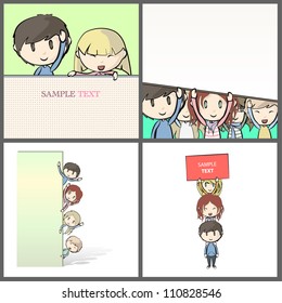 Group of Kids with tag peeking behind a white poster. Collection images of isolated vector illustration.