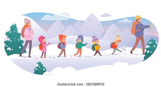 Group of kids with teachers on mountain trip in winter. Children going in snow, man and woman leading students on holiday. Winter journey outdoor vector illustration. Horizontal view.