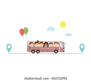 A group of kids traveling by bus. Family and children's tourism concept. Rest of children in the countryside. Route icon. Vector illustration flat design