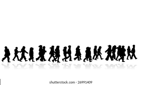 group of kids walking in line silhouette