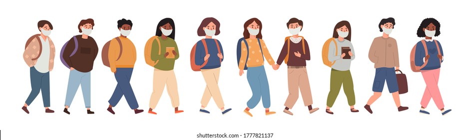 A Group Of Kids Walking Together Wearing Face Mask. Collection Of Children, Pupils, Students Going To Elementary Middle School After Pandemia. Kids Going Back To School Isolated On White Illustration