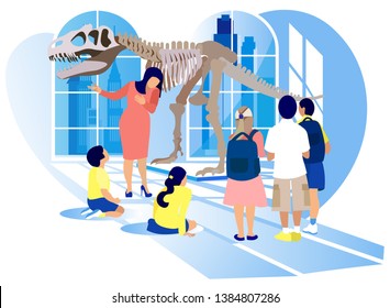 Group of Kids Watch Prehistoric Predator Tyrannosaurus Rex Dinosaur Skeleton at Archeology Museum Excursion with Teacher. School or Kindergarten Students on Filed Trip Cartoon Flat Vector Illustration