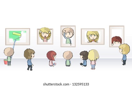 Group of kids watching frames in museum. Vector illustration.