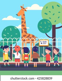 Group of kids watching giraffe at a zoo excursion. School or kindergarten students on filed trip. Modern flat style vector illustration cartoon clipart.